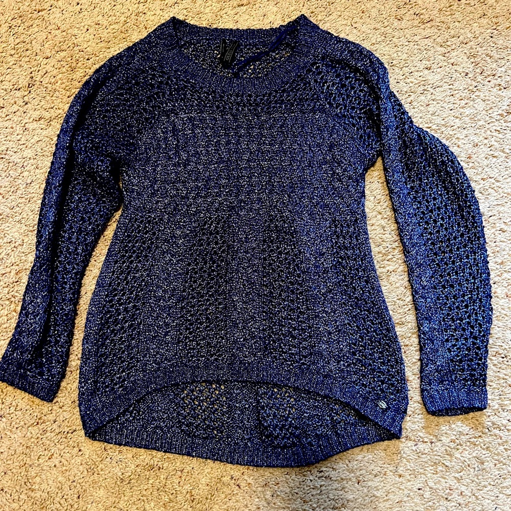 Guess brand bluish-purple silvery sweater. High-low style, size Small